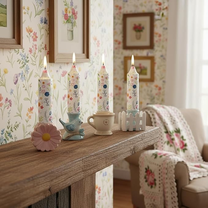 5 inch Short Candle Floral Candle Sticks Kawaii Printed Candlestick Handmade Unscented Taper Candle 4 Pack Cute Flower Tapered Candles for Birthday Home Dinner Wedding Holiday