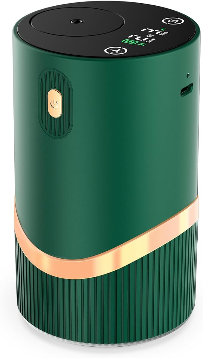 Waterless Essential Oil Diffuser Rechargable: Portable Aromatherapy Diffuser for Car and Home - 1/2/4/6H/Time Off 4 Mist Level for Room Office Bedroom (Green)