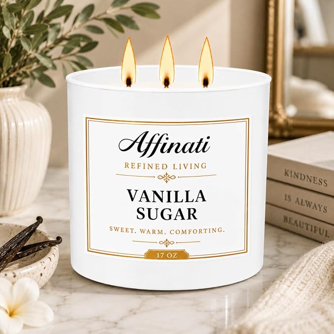 Affinati Vanilla Sugar 3-Wick Scented Candle – Large Soy Blend Candle, Strong Scent Throw Warm Sweet Cream Dessert Gourmand Bakery Candle, Premium Luxury Gift