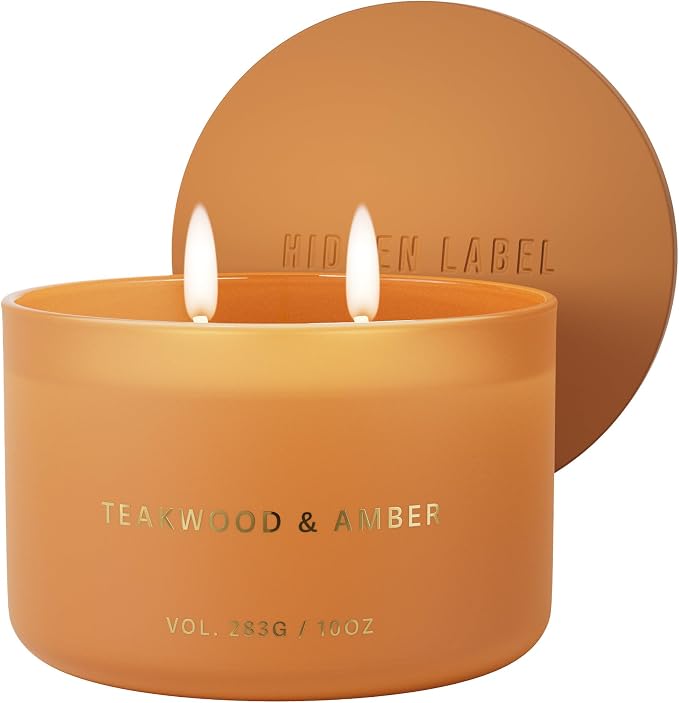 Hidden Label Teakwood Amber Soy Candle, 10oz 2-Wick, 45H Woody Warmth | Non-Toxic Phthalate-Free Vegan Wax | Earthy Amber Cedar Musk | Even Melt No Tunneling | Home Office Living Room Gift for Men