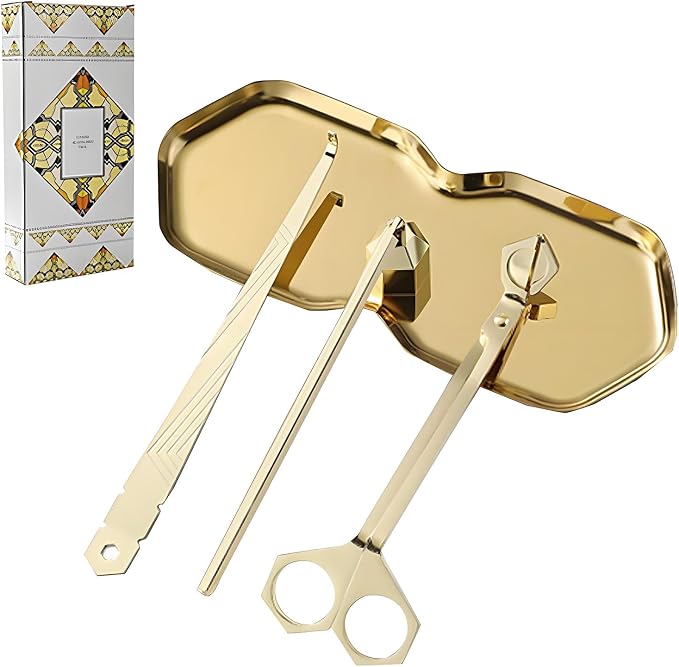 Premium 4 in 1 Candle Accessory Set - Candle Wick Trimmer, Snuffer, Wick Dipper and Tray, Care Kit for Candle Lover, Perfectly Trimmed Wicks (Gold)