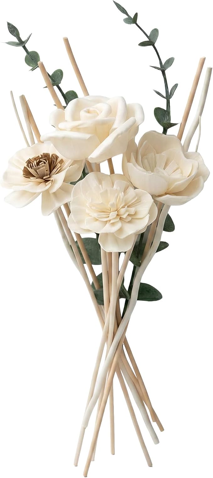 Flower Reed Diffuser Sticks Set of 12, Handmade Sola Wood Flowers with Faux Eucalyptus Stems, Reed Diffuser Sticks for Home Fragrance, Bathroom Aromatherapy & Decoration
