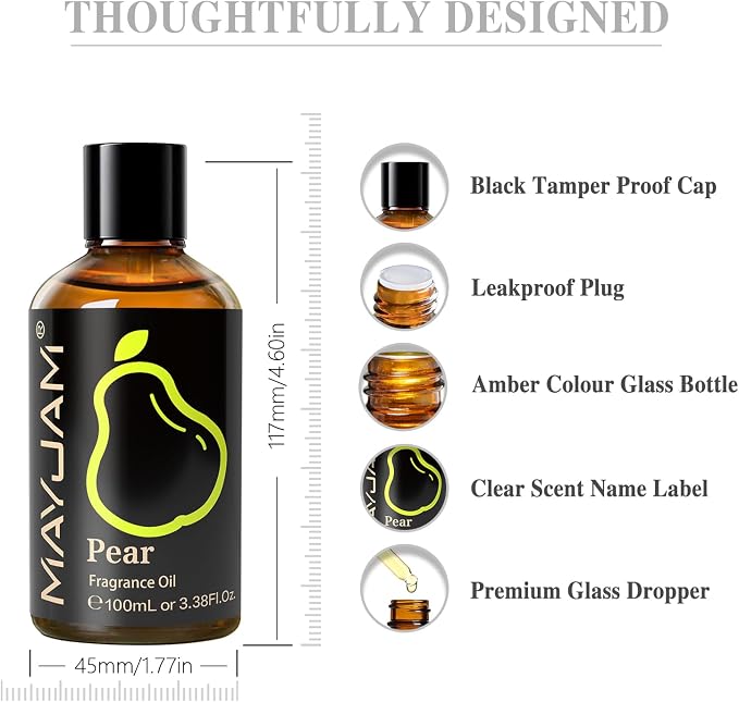 MAYJAM 100ML/3.38FL.OZ Pear Fragrance Oils with Glass Dropper, Essential Oils for Diffusers for Home, Long Lasting Scented Oils for Diffusers Soap Candle Making
