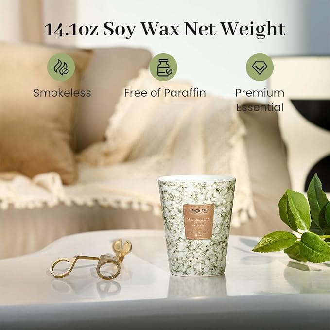 M&SENSE Sandalwood Jasmin Scented Soy Candle, 3 Wick Highly Scented 14.1 Oz 75H, Aromatherapy Christmas Gift for Women and Men