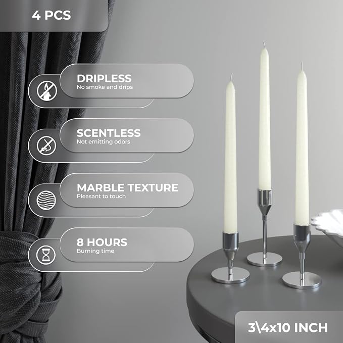 CANDWAX Ivory Taper Candles 12 inch Dripless - Set of 4 Tapered Candles - Smokeless and Unscented Candlesticks Long Burning