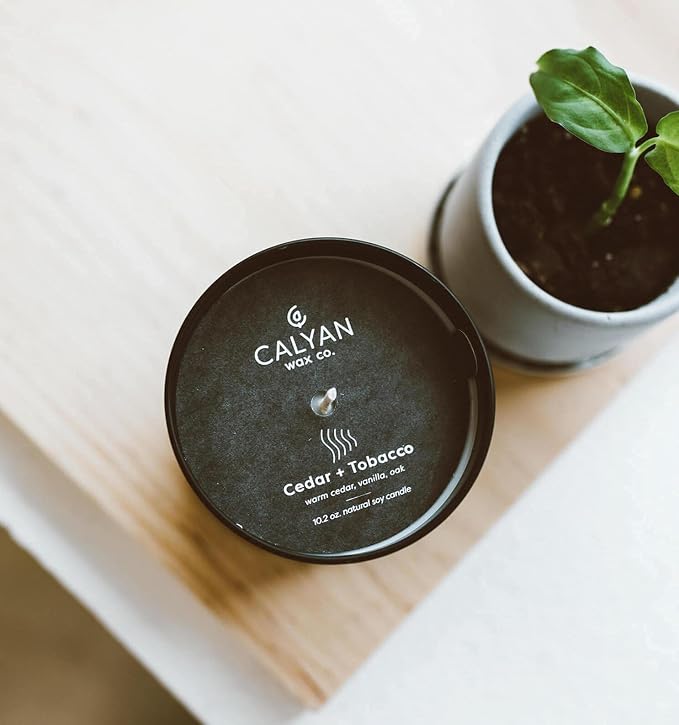 Calyan Wax Co. Cedar & Tobacco Scented Candle - 75 Hour Burn - Luxury Clean Soy Wax Candles - Long Lasting Black Tumbler Jar Candle for Home - 10.2oz