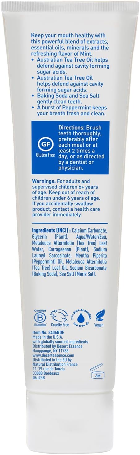 Desert Essence Tea Tree Oil Toothpaste - Mint - 6.25 Ounce - Refreshing Taste - Deep Cleans Teeth & Gums - Helps Fight Plaque - Sea Salt - Pure Essential Oil - Baking Soda - Promotes Healthy Mouth