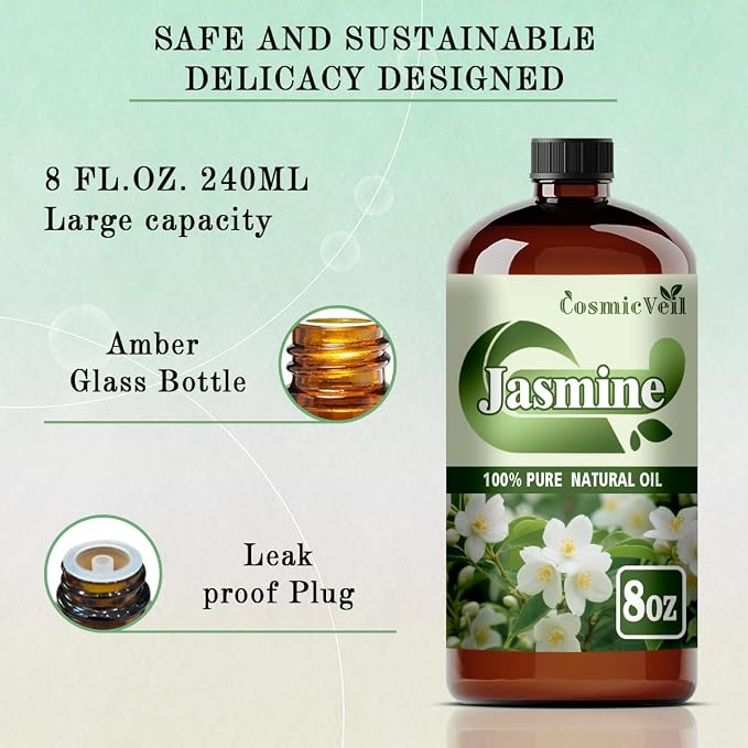 Jasmine Essential Oil Jasmine Oil for Aroma Diffuser,Humidifier,Home Fragrance,Cleaning,Body Care,Massage,Yoga,DIY Candle,DIY Soap CosmicVeil（Jasmine，8 Fl Oz (Pack of 1)）