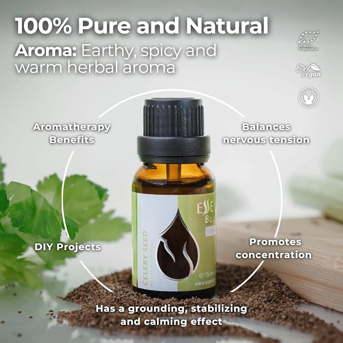 Essences Bulgaria Organic Celery Seed Essential Oil 0.51 Fl Oz | 15ml | Apium graveolens | 100% Pure | Natural | Undiluted | Therapeutic Grade | Aromatherapy | Cosmetics | Cruelty Free | Vegan