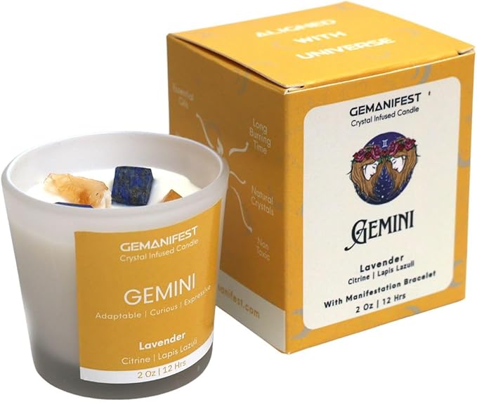 Gemini Manifestation Candle with Lapis Lazuli Bracelet Zodiac Candles with Healing Crystals Gemini Birthday Gifts for Women and Men Spiritual Birthstone Gifts for Candle Lovers