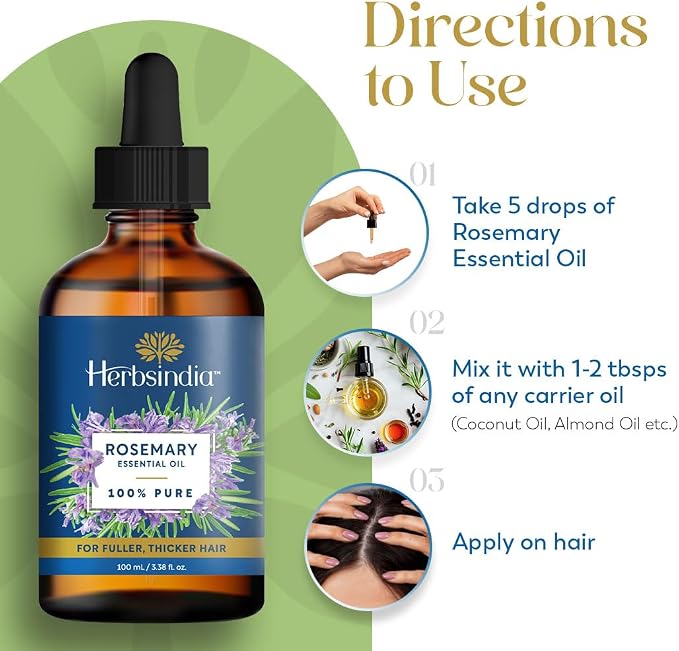 Herbsindia Rosemary Essential Oil for Hair - Huge 3.3 Fl Oz - 100% Pure - Premium Grade with Glass Dropper, Undiluted, Non-GMO