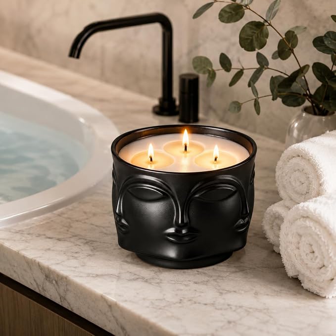 Viyffo 20oz Large Scented Candle - Forest Green Tea, 3 Wick Non Toxic Soy Candles for Women & Men, Unique Funny Matte Black Ceramic Jar, Luxury Home Fragrance, Room Art Décor & Premium Birthday Gift