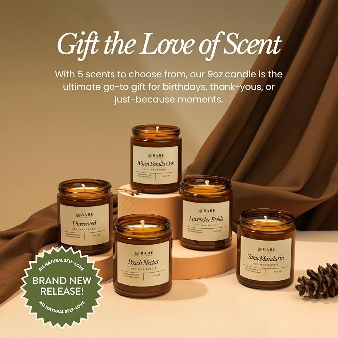 Bare Botanics Non-Toxic Lavender Fields 9oz Soy Candle - 100% Plant-Based Fragrance Oils - Handpoured in WI - 40+ Hrs