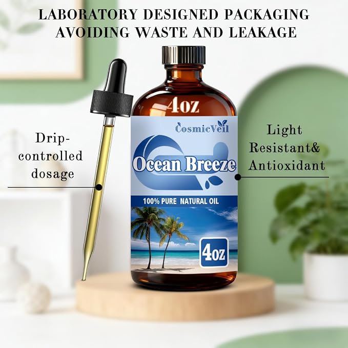 Ocean Breeze Essential Oil Ocean Breeze Oil for Aroma Diffuser,Humidifier,Home Fragrance,Cleaning,Body Care,Massage,Yoga,DIY Candle,DIY Soap CosmicVeil（Ocean Breeze，4 Fl Oz (Pack of 1)）