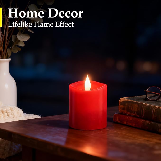Red LED Pillar Candles 3x3 Inch - Battery Operated Flameless Candles with Remote Timer & Realistic Flickering Flame, 600+ Hours Lasting for Christmas Halloween Home Decor (1-Pack)