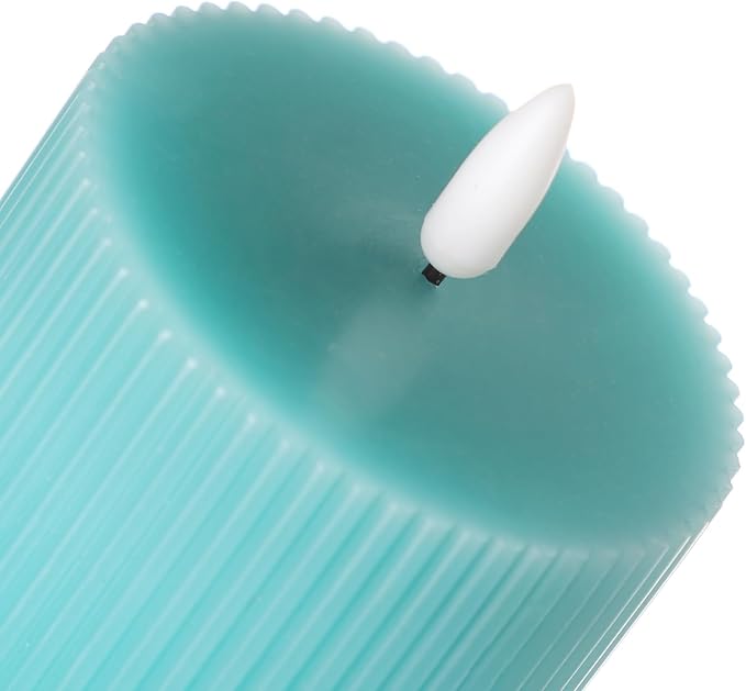 ANGELLOONG Teal Flameless Candles with Remote, Turquoise Battery Operated Candles with Timer, Set of 3 Real Wax Spring LED Fake Ribbed Pillar Candles for Bathroom Wedding Kitchen Living Room Deocr