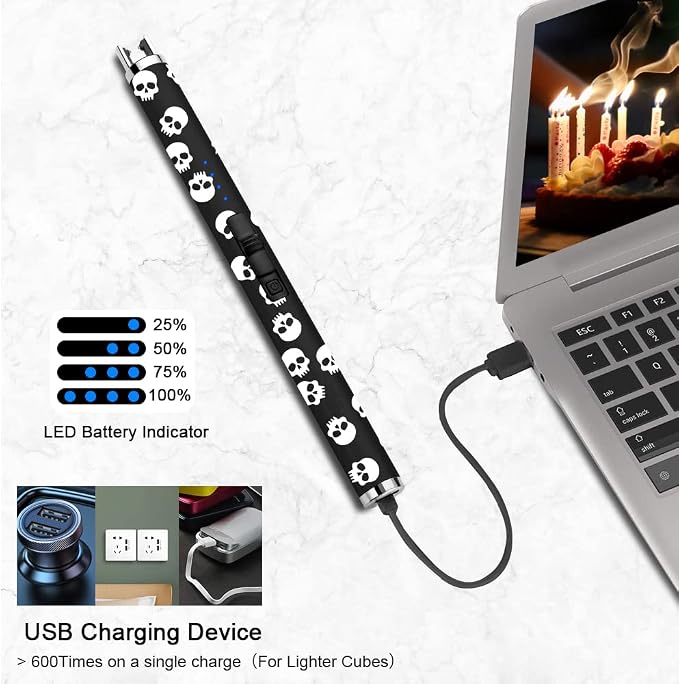 SUPRUS Electric Candle Lighter USB Type C Rechargeable Lighter with Upgraded LED Battery Display Safety Switch Flameless Plasma Windproof for Candle Cooking BBQs Fireworks (Skull)