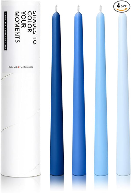 10" Classic Taper Candles, Blue Shades, 4-Pack, 7-8 Hours Long Burning, Unscented Tall Candlesticks