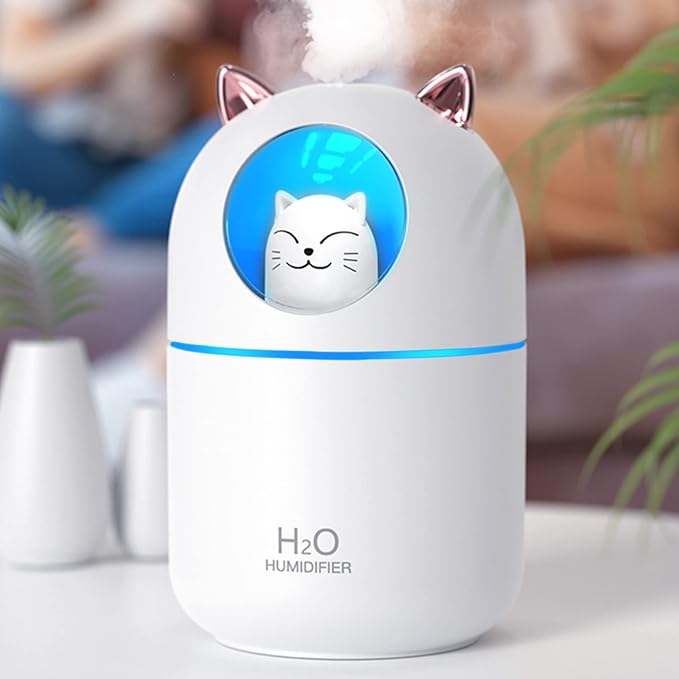 Cute Portable Cool Mist Humidifier with 7 Color Night Light and 6 Filter Cotton Sticks for Bedroom, Office, Desk, Car or Travel (White)