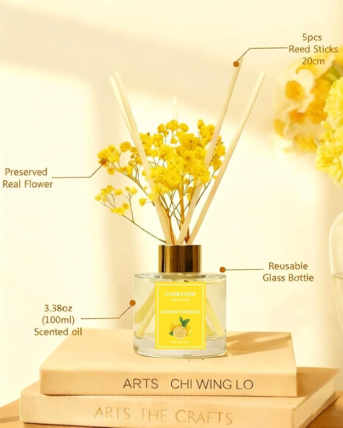 Reed Diffuser Set-Lemon Verbena Scent Fragrance Oil Diffuser with 6 Reed Sticks | Home & Bedroom Bathroom Decor,3.38 fl oz (100ml)