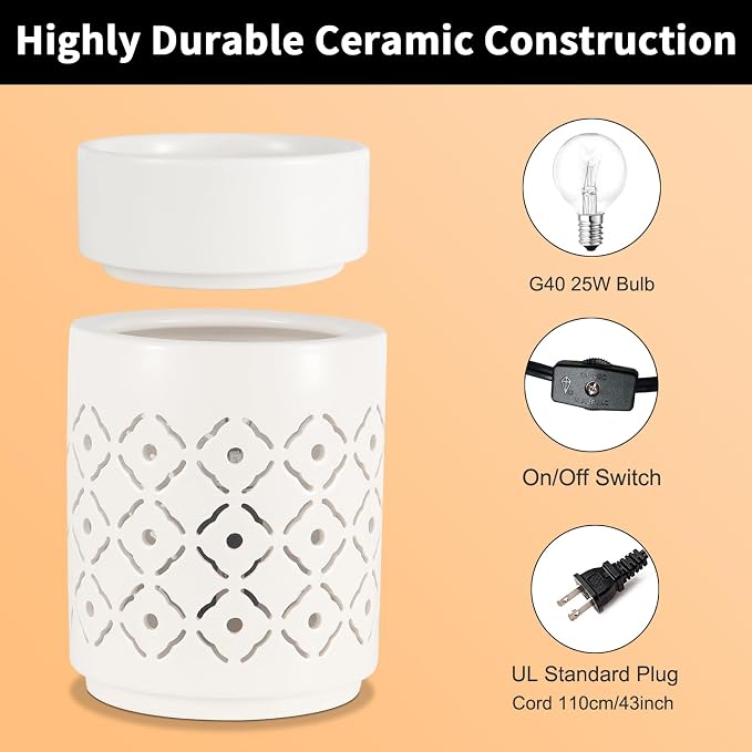 Ceramic Wax Melt Warmer,Candle Wax Warmer Night Light,2-in-1 Electric Wax Melter and Fragrance Warmer for Scented Candle Wax Burner Home Office Decor Valentine's Day Birthday Gifts(Diamond Mesh)
