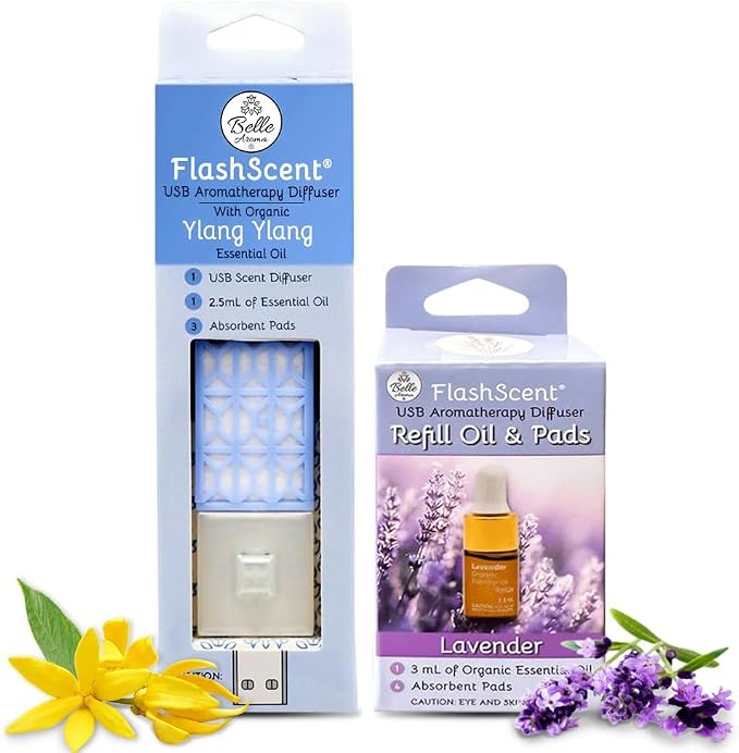 Belle Aroma® FlashScent™ USB Aromatherapy Bundle - for Car, Office, Home, and Travel - Includes 1 Serenity Blue Ylang Ylang Oil Diffuser Kit, 1 Lavender FlashScent Essential Oil, and 7 Refill Pads