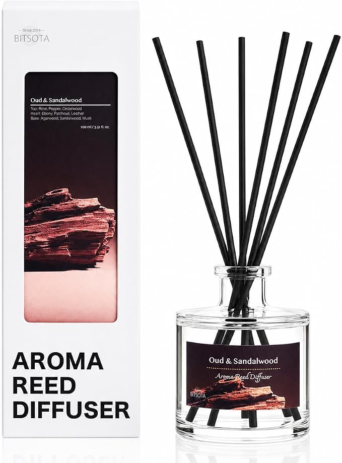 Reed Diffuser Set, Oud & Sandalwood 3.52 oz (100ml) Scented Diffuser with Sticks Home Fragrance Reed Diffuser for Bathroom Shelf Decor, Ideal Gift for Woman