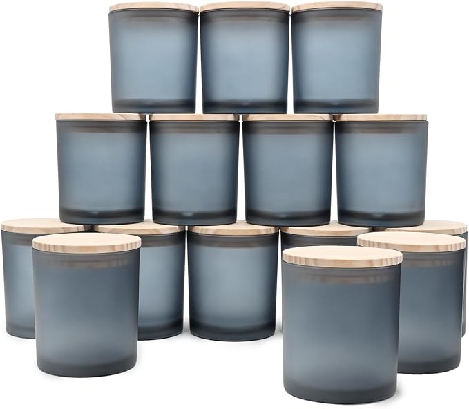 SHOWIN 10 OZ Thick Candle Jars for Making Candles 15 Pcs, Empty Jars with Wood Lids for Candle Making, Sample Container, Frosted Grey