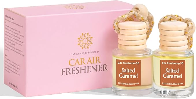 Hanging Car Air Freshener, Long Lasting Essential Oil Diffuser, Non-Toxic Salted Caramel Scent, Cute Car Fresheners for Women, 2 Pack Made in USA