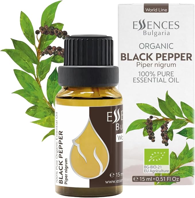 Essences Bulgaria Organic Black Pepper Essential Oil 0.51 Fl Oz | 15ml Piper nigrum - 100% Pure Natural Undiluted Therapeutic Grade for Aromatherapy Humidifier and Relaxing Massage to Ease Joint Ache