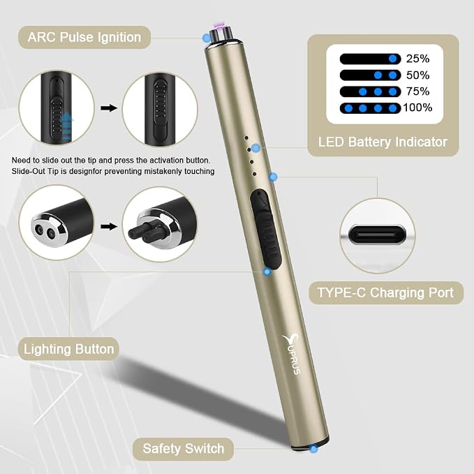 SUPRUS Electric Arc Windproof Flameless USB Rechargeable Lighter with Safety Lock for Candle (Champagne Gold, 3 Packs)