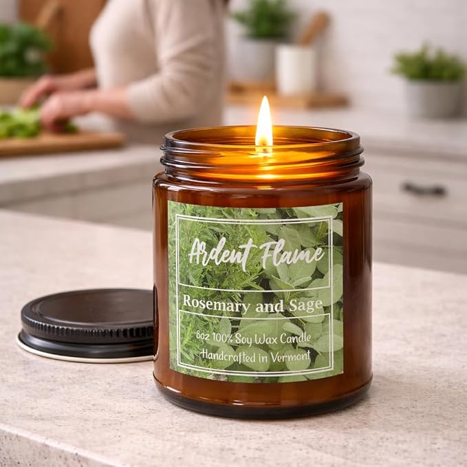 Candles | Rosemary and Sage | 100% Natural Soy Wax Candle for Home Decor | Highly Scented | Premium Fragrance | Handmade in Vermont, USA | 8 oz | Long Lasting | Gift for Women and Men