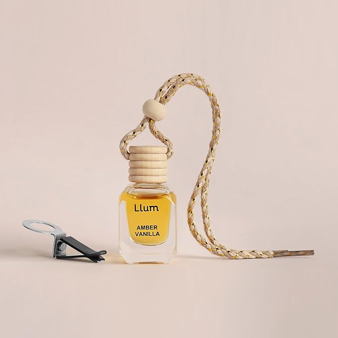 Llum Amber Vanilla Hanging Car Air Freshener – Luxury Automotive Perfume Diffuser 10ml (0.34 fl oz), Long-Lasting Fragrance, Alcohol-Free Non-Toxic Car Scent, Glass Bottle With Wood Cap & AC Vent Clip