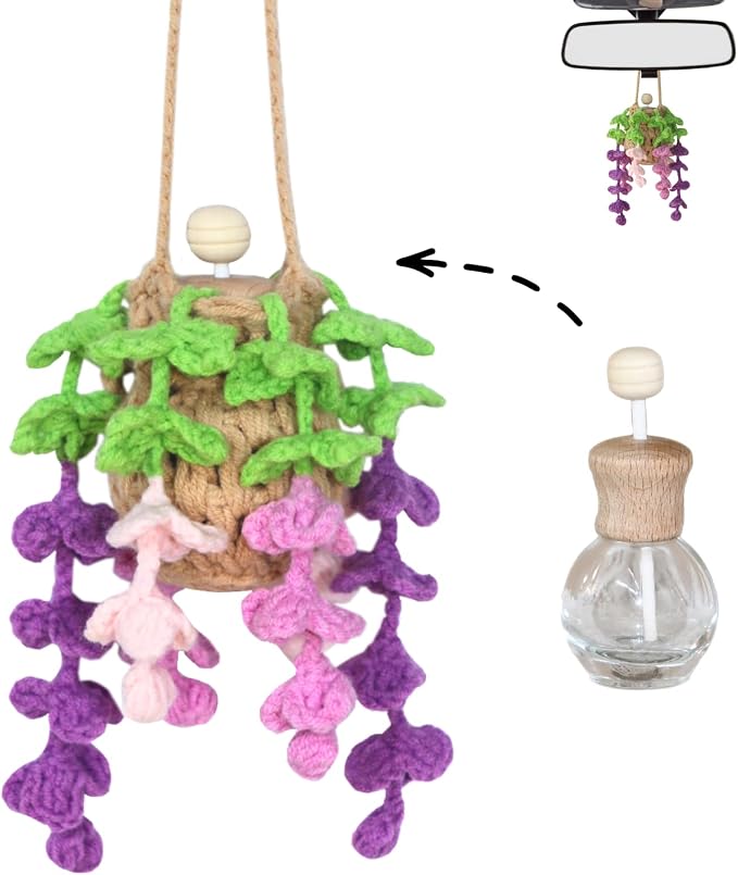 ROFIGL Handmade Crochet Hanging Car Air Freshener - Botanical Wisteria Blossom Design with 12ml Refillable Glass Essential Oil Bottle, Long-Lasting Car Diffuser & Nature-Inspired Decor