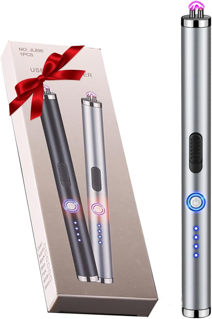 Electric Lighter Rechargeable Plasma Flameless USB Lighter with Safety Lock Dual Arc LED Display for Candle Grill Kitchen Camping (Silver)