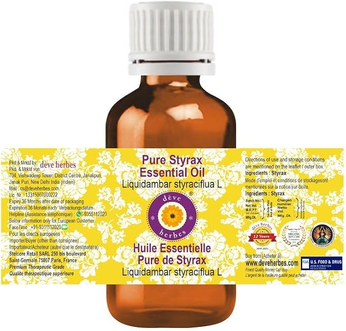 Deve Herbes Pure Styrax Essential Oil (Liquidambar styraciflua L) Steam Distilled 50ml (1.69 oz)