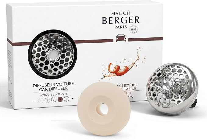 MAISON BERGER Car Diffuser Set, Exquisite Sparkle | Grapefruit Rose Musk Notes, Refillable Vent Clip with Ceramic Refill, Passive 4-Week Diffusion, Made in France