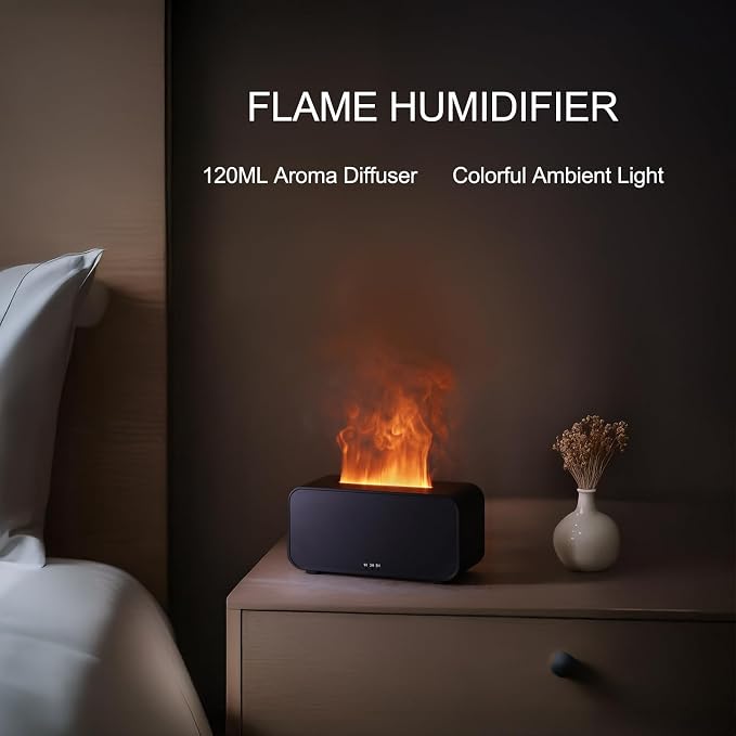 7-Color Simulated Flame Humidifier,Humidifier for Bedroom,Office,Car,Portable USB Flame Aroma Diffuser,Mini Ultrasonic Cool Mist Diffuser with Auto Shut-Off(Black)