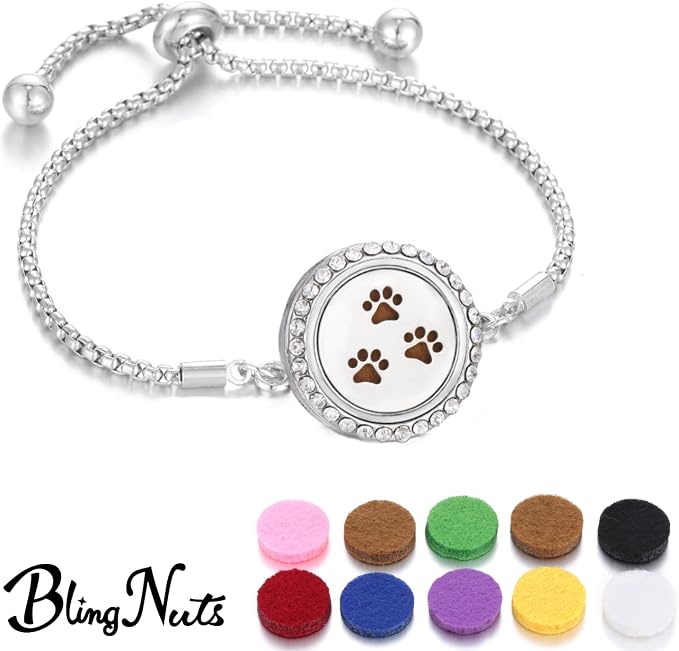 316L Stainless Steel CZ Essential Oil Diffuser Bracelet Paw Print Aromatherapy Locket Bracelet with 10 Pcs Refill Pads for Women