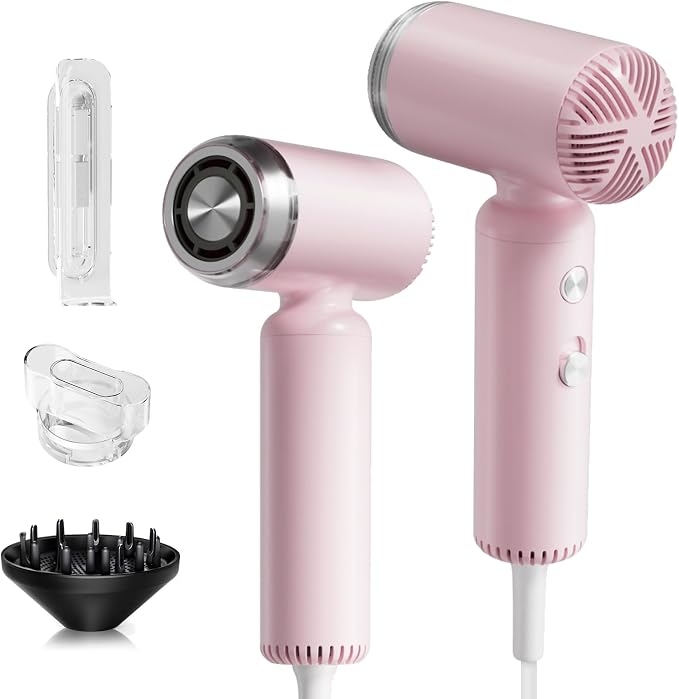 Webeauty Mini Hair Dryer with Diffuser, 110,000RPM High-Speed Motor, 200M Negative Ions Protect, 3-Temp & 2-Speed Settings, Lightweight Travel-Friendly Blow Dryer with Magnetic Attachments (Pink)