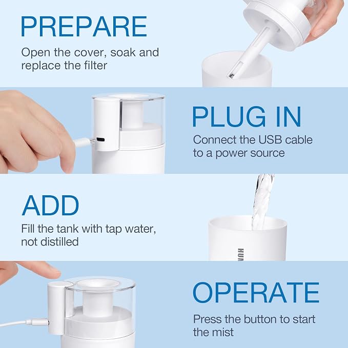Mini Humidifier, Small Cool Mist Humidifier USB Personal Portable Quiet Table Desktop Humidifiers for Cooling Home Office Car Summer Travel (180ml, White)