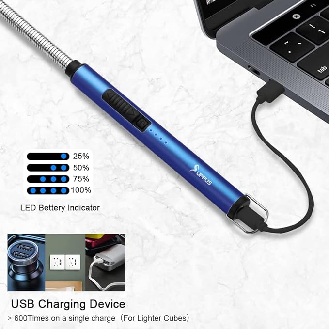 SUPRUS Electric Candle Lighter USB Type C Rechargeable Lighter Steel Shell & Hanging Hook with 360° Flexible Neck(Dark Blue)