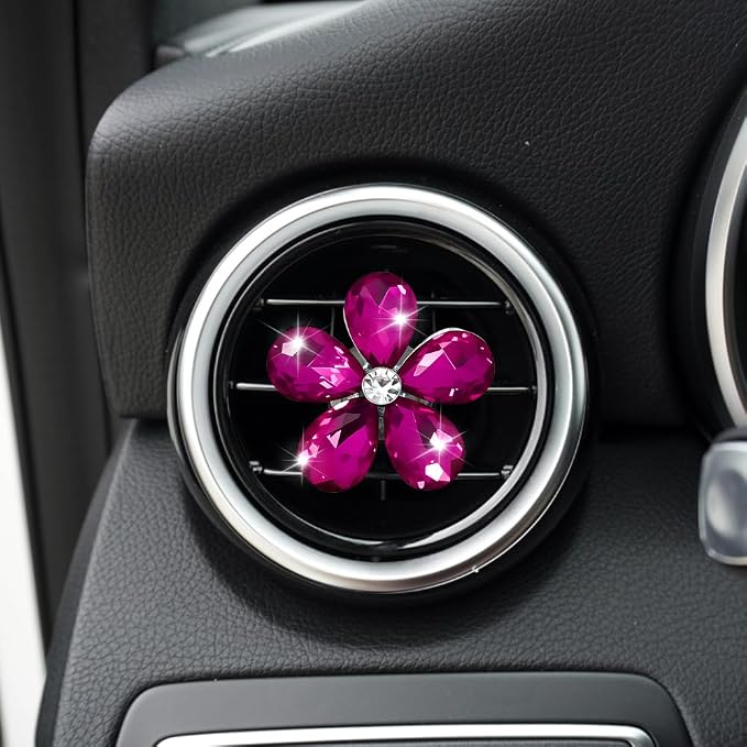 5PCS Bling Daisy Flower Car Air Vent Clips, Car Diffuser Vent Clip, Sparkling Crystal Rhinestone Cute Auto Air Conditioning Clamp, Diamond Air Outlet Clip Decor for Women Girls (Rose Red)
