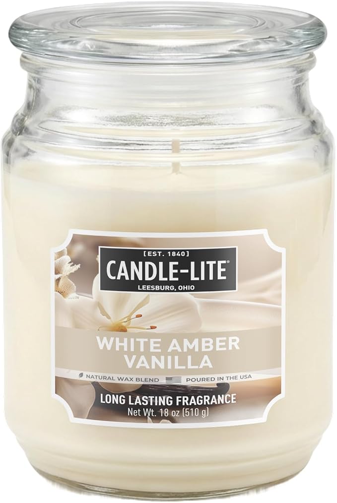 Candle-lite Scented Candles, White Amber Vanilla, 18 oz Jar, Proudly Poured in the USA, Aromatherapy Candle, Single-Wick with 110 Hours of Burn Time, Perfect for Creating a Relaxing Ambiance