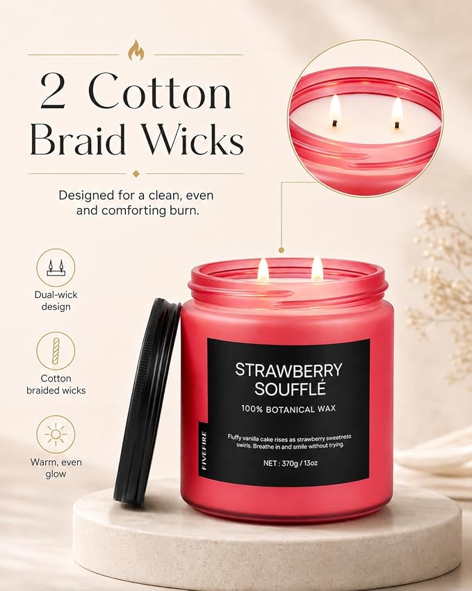 Strawberry Soufflé Home Scented Candles, 13oz Organic Soy Wax, 76-Hour Clean Burning, Natural Non-Toxic, Sweet & Fruity Gourmand Scent for Relaxation, Aromatherapy Housewarming Candle Men Women