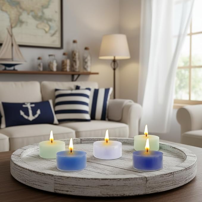 Sea Salt Scented Tea Light Candles 12 Pack Gradient Blue Hand Poured Smokeless 4 Hours Clean Burning Small Round Clear Cup Tealight Candles for Nautical Dinner Wedding Spa Yoga Meditation Cozy Evening