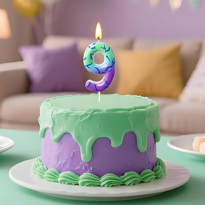 Number 9 Birthday Candle for Cake – Purple Green Gradient Number Candle with Mystic Rune Pattern, Decorative Cake Topper for Anniversary & Celebration