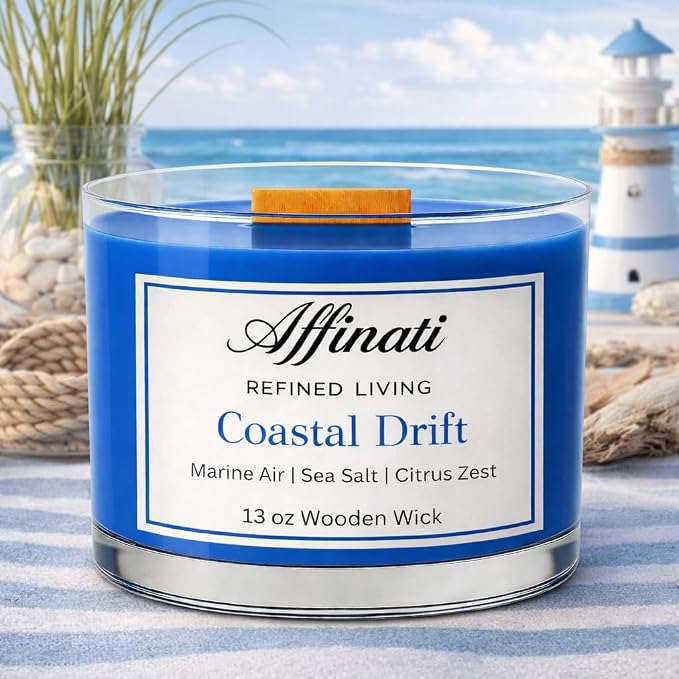 Affinati Coastal Drift Wooden Wick Candle – Luxury Wooden Bowl, 13 oz
