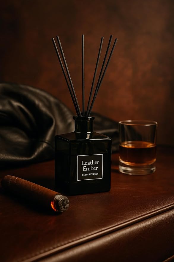 Bellevue Diffuser, 6 fl oz Glass Filled Diffuser, Highly Concentrated Fragrances with Essential Oils, Home Fragrance, Scent: Leather Ember (Pack of 2)