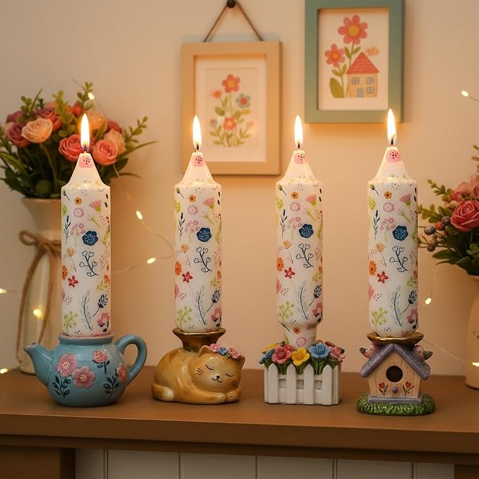 5 inch Short Candle Floral Candle Sticks Kawaii Printed Candlestick Handmade Unscented Taper Candle 4 Pack Cute Flower Tapered Candles for Birthday Home Dinner Wedding Holiday